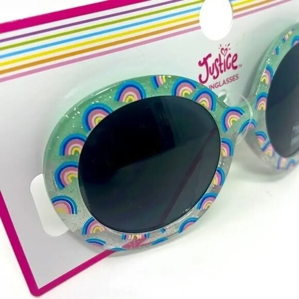 Justice Sunglasses Girls Green Sparkle Rainbow Round Tinted 100% UV Protection